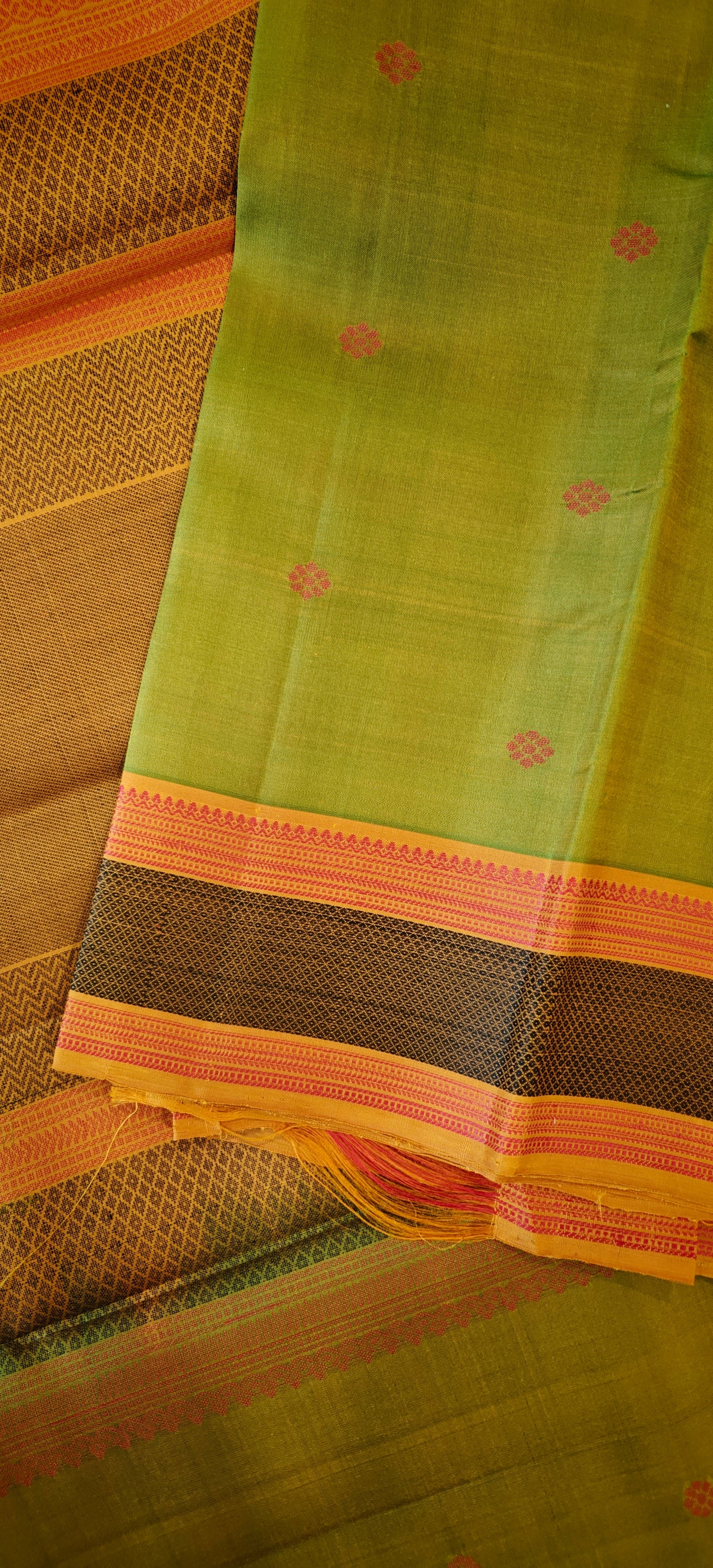 Leaf Green with Yellow & Orange kanjivaram silk saree