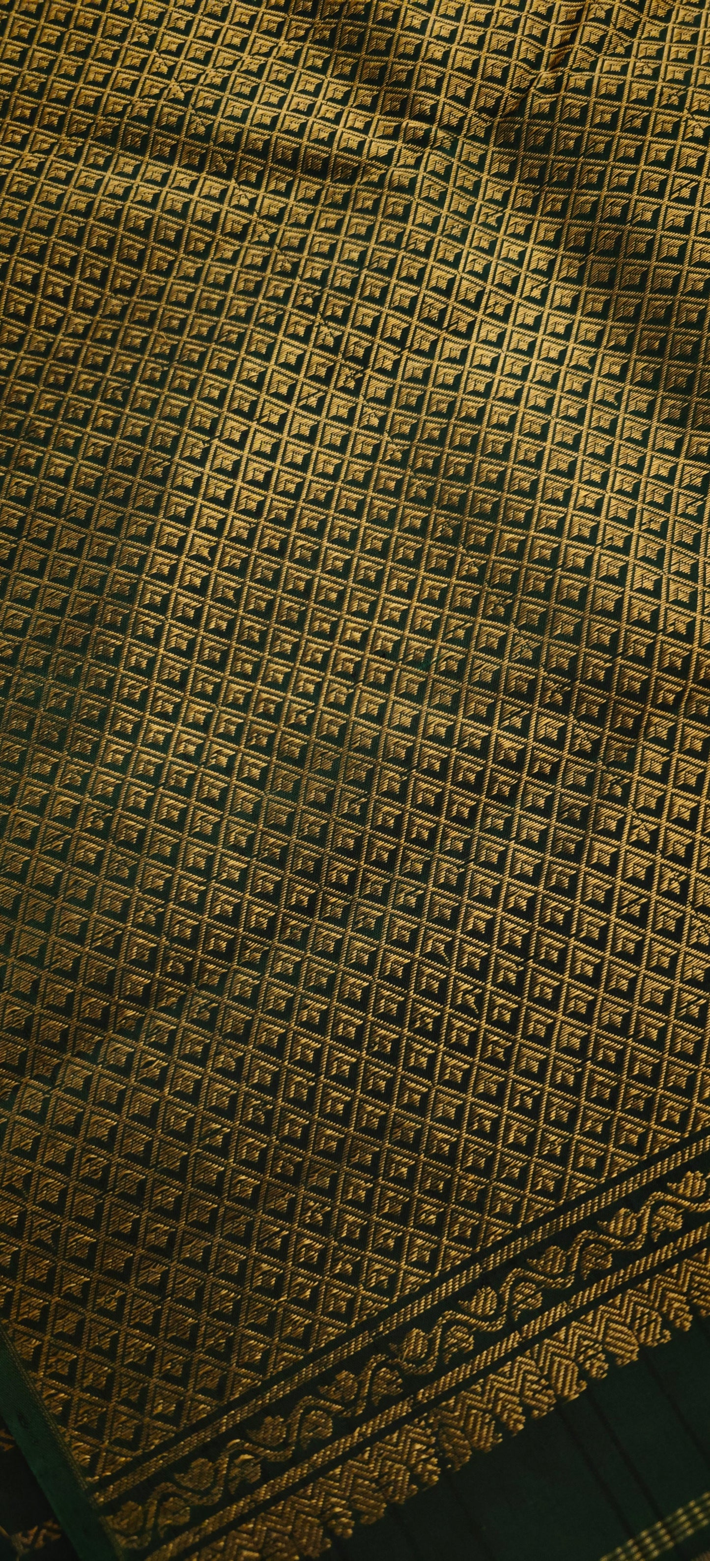 Thread work Kanjivaram silk saree with beige body and green pallu