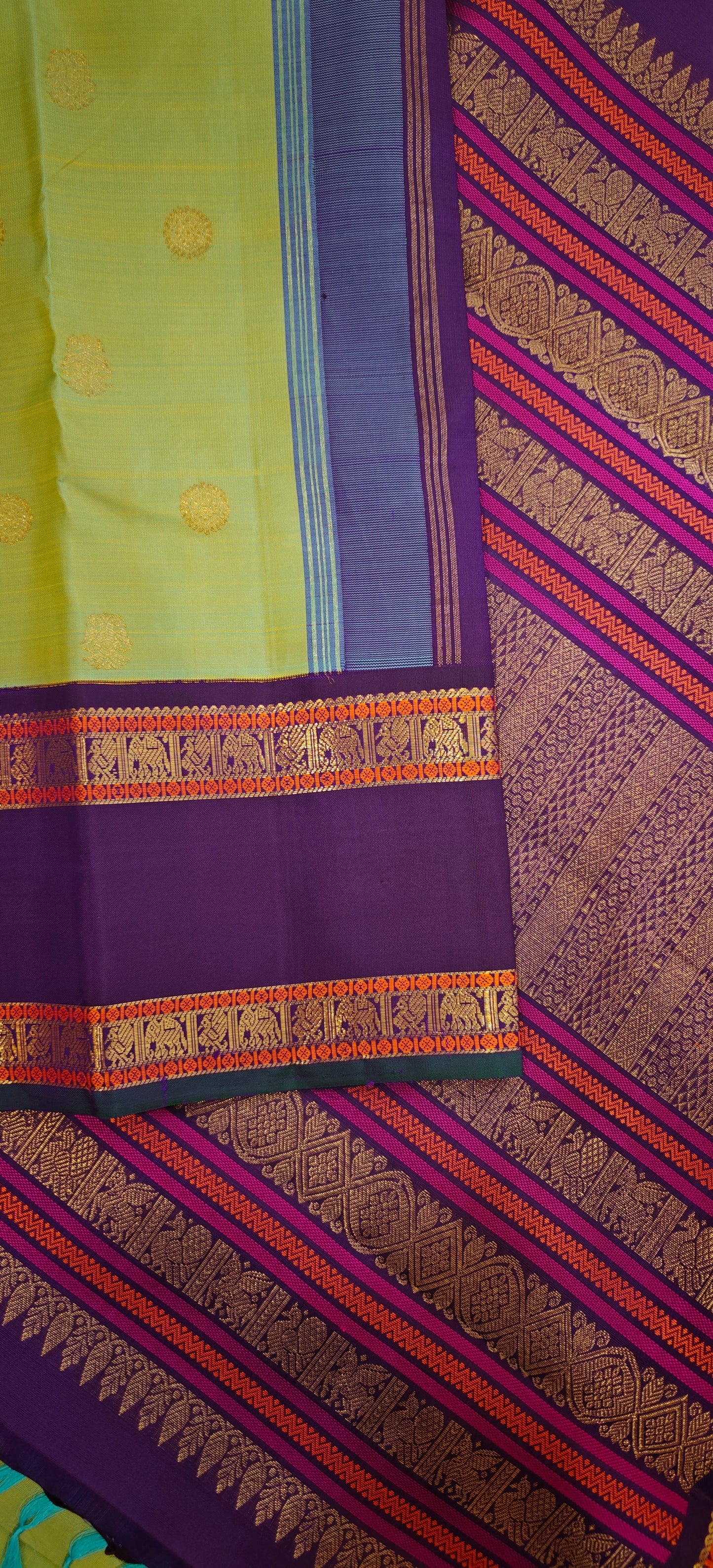 Greenish blue(Ponvandu) with Purple Kanjivaram silk saree
