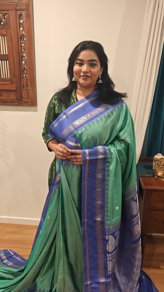 Apple Green and Lavender Blue Gadwal Silk Saree