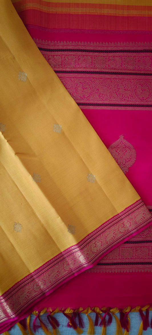Yellow and Pink Small Border Kanjivaram silk saree
