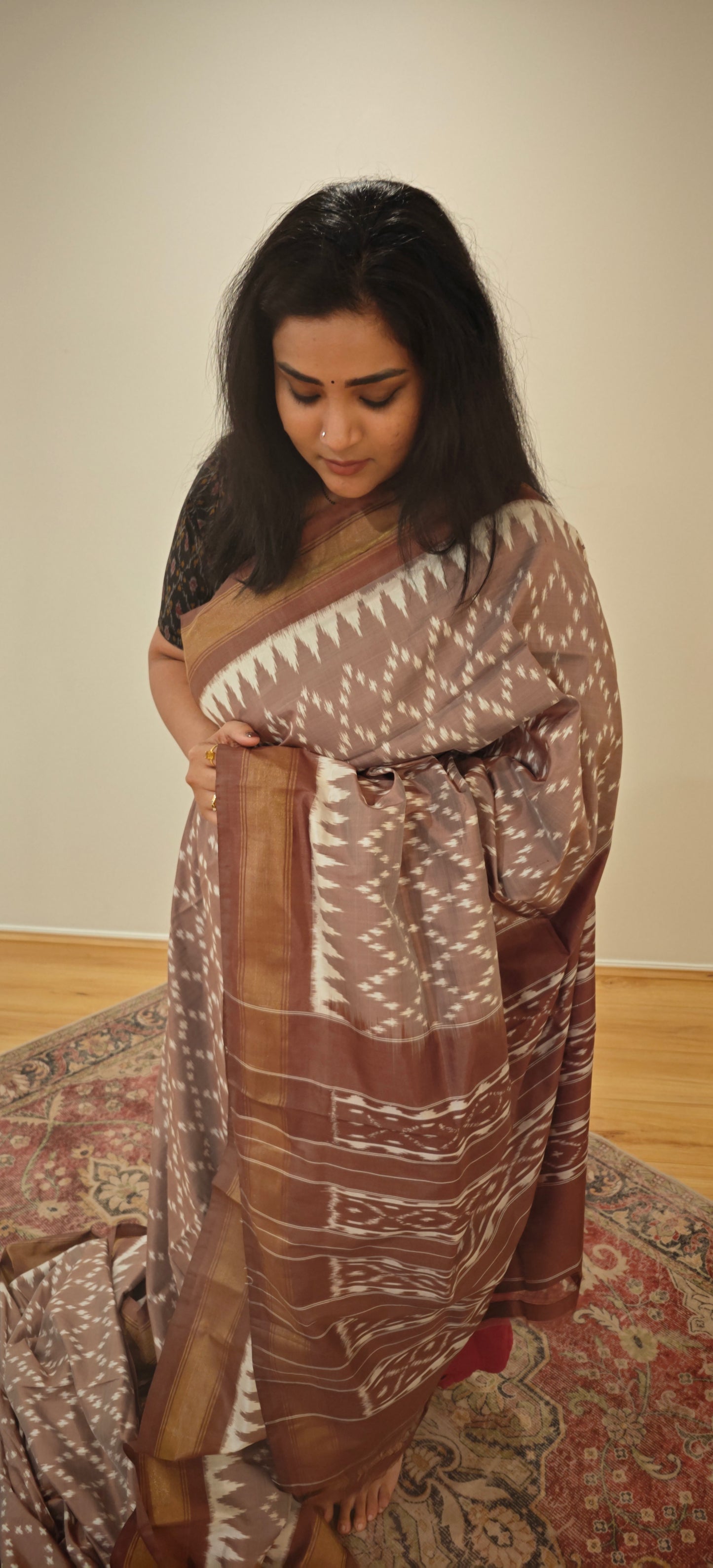 Caramel Brown Ikkat Silk Sari