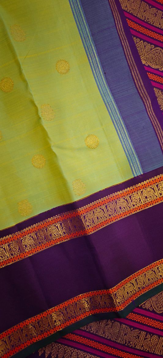 Greenish blue(Ponvandu) with Purple Kanjivaram silk saree