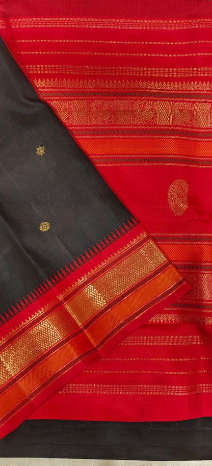 Black and Red Kanjivaram silk saree