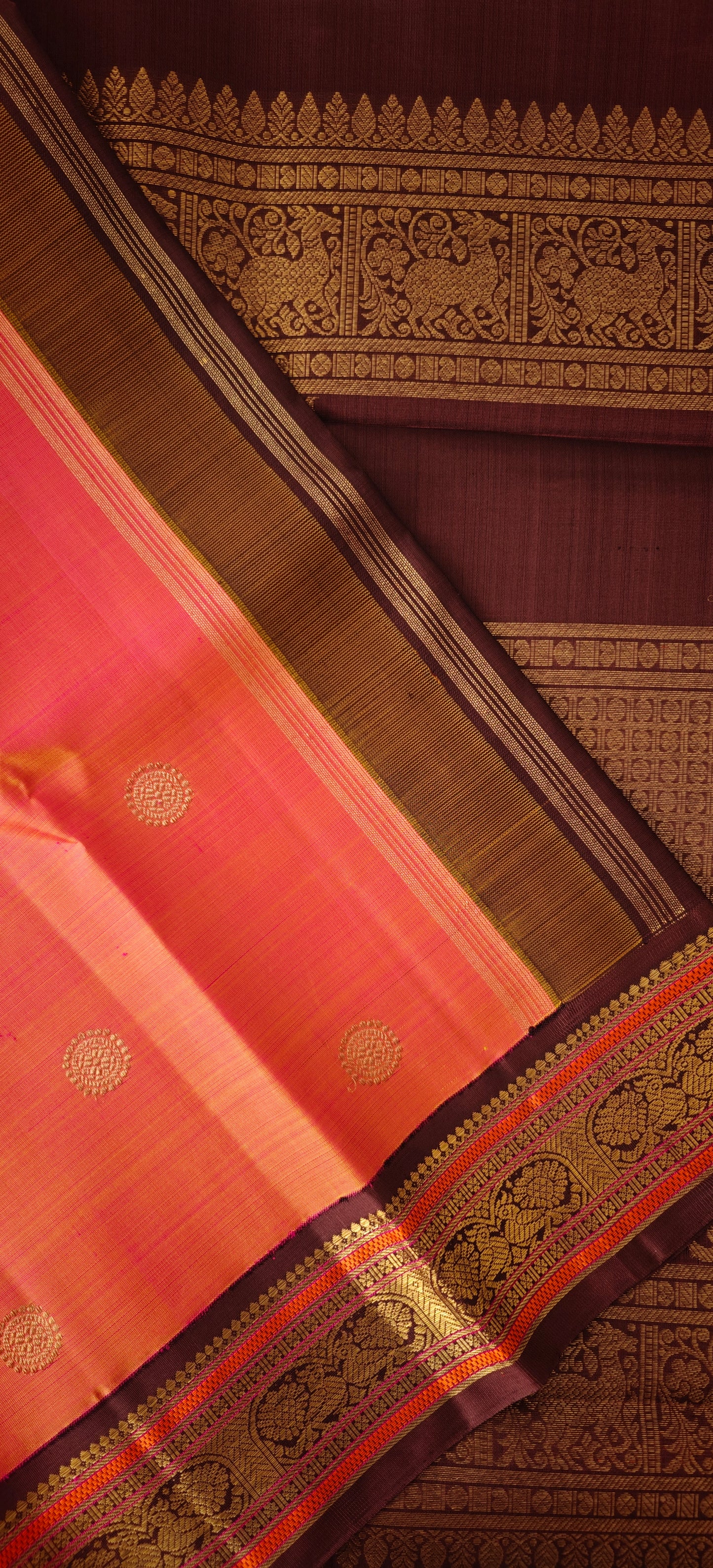 Peach and Pink With Brown Kanjivaram Saree | 3-gram Zari