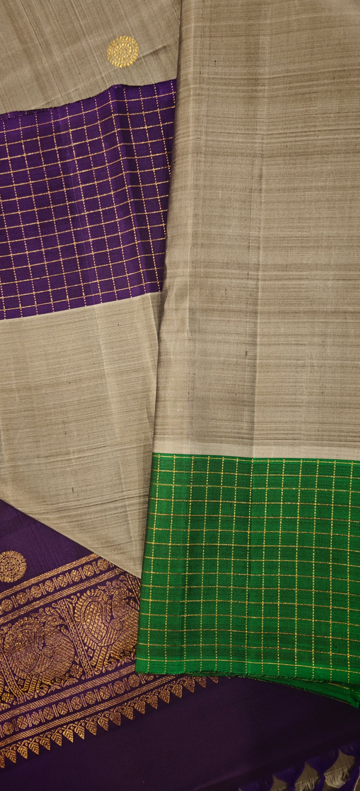 Grey body with green and violet Ganga Jamuna -Kanjivaram Silk Saree