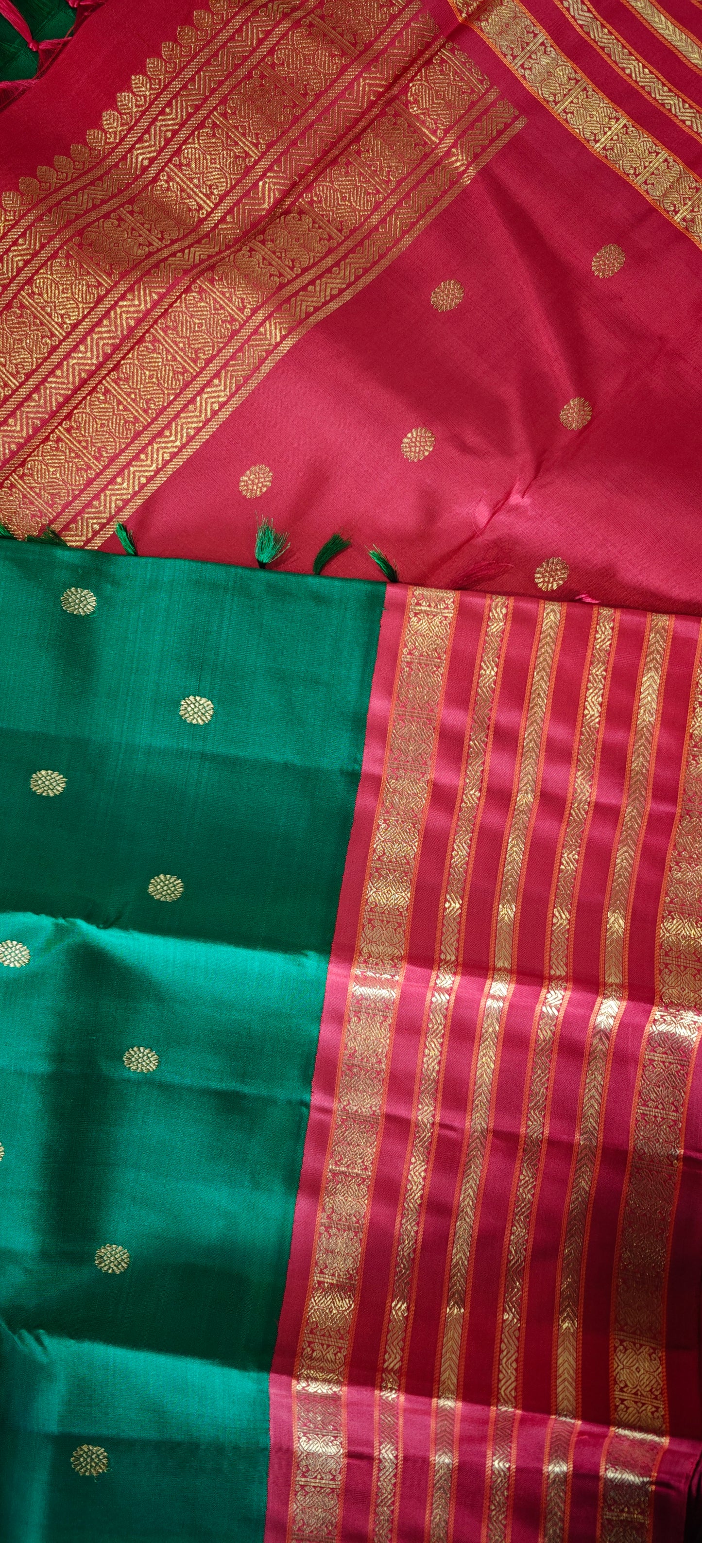 Emerald green and red Kanjivaram silk saree