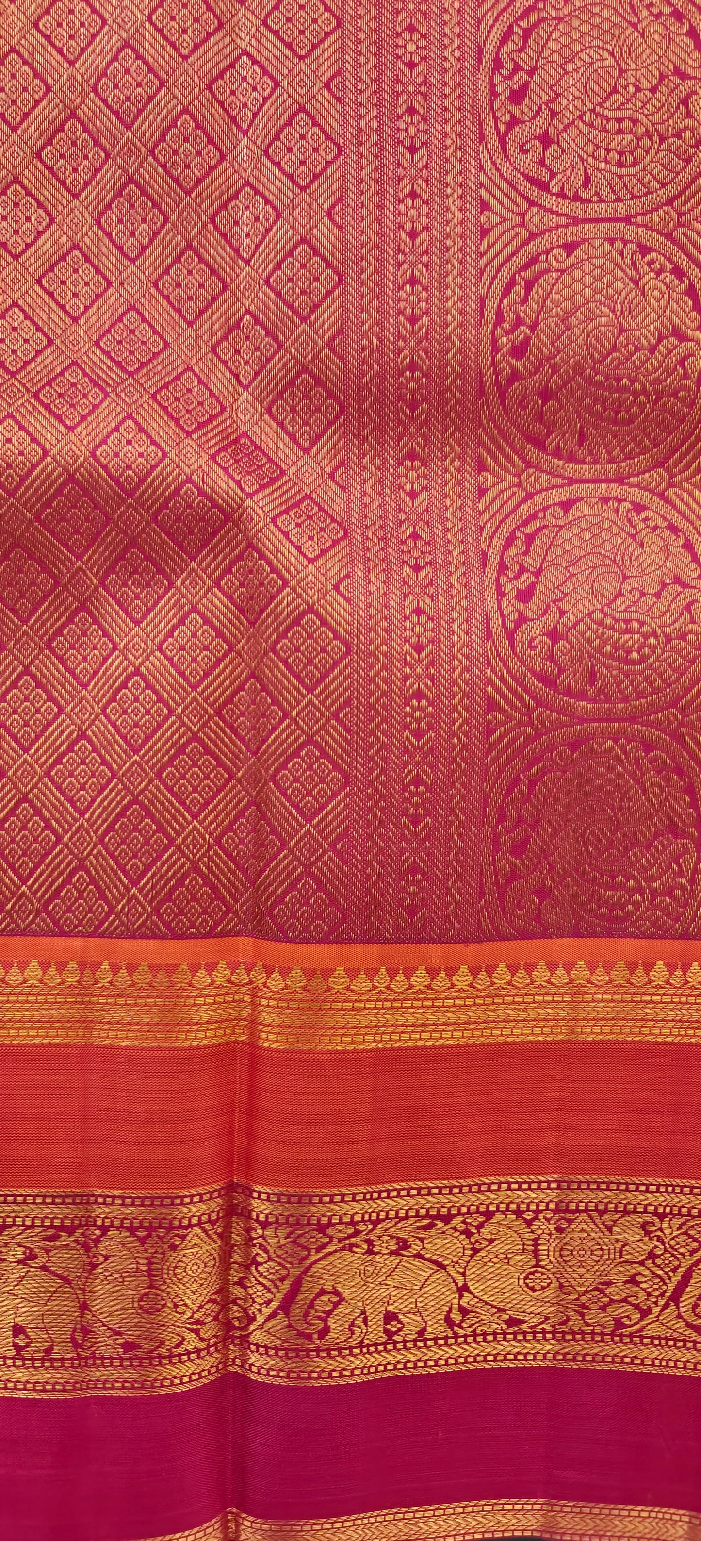 Yellow with orange and pink korvai -Kanjivaram Silk Saree