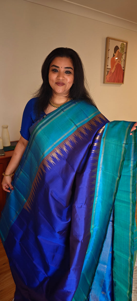 Ettu Kol Blue and Turquoise kanjivaram silk saree