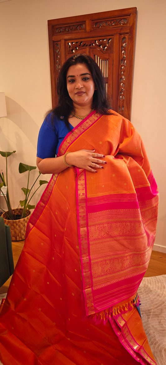 Kesar Orange and Rani Pink Handwoven Kanjivaram Silk Sari
