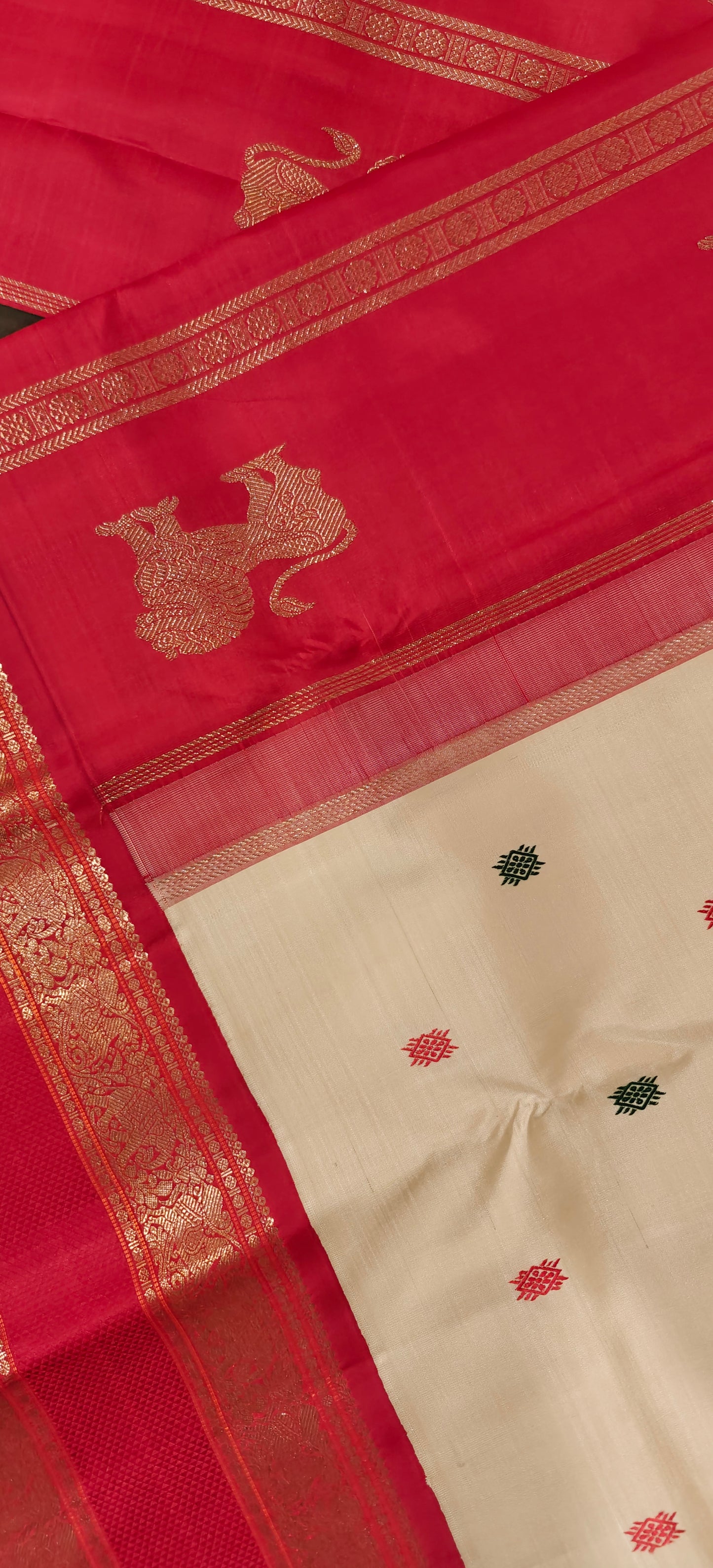 Cream with green and red kanjivaram silk saree