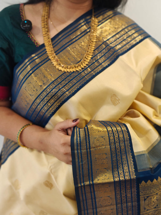 Cream and Blue Korvai Kanjivaram