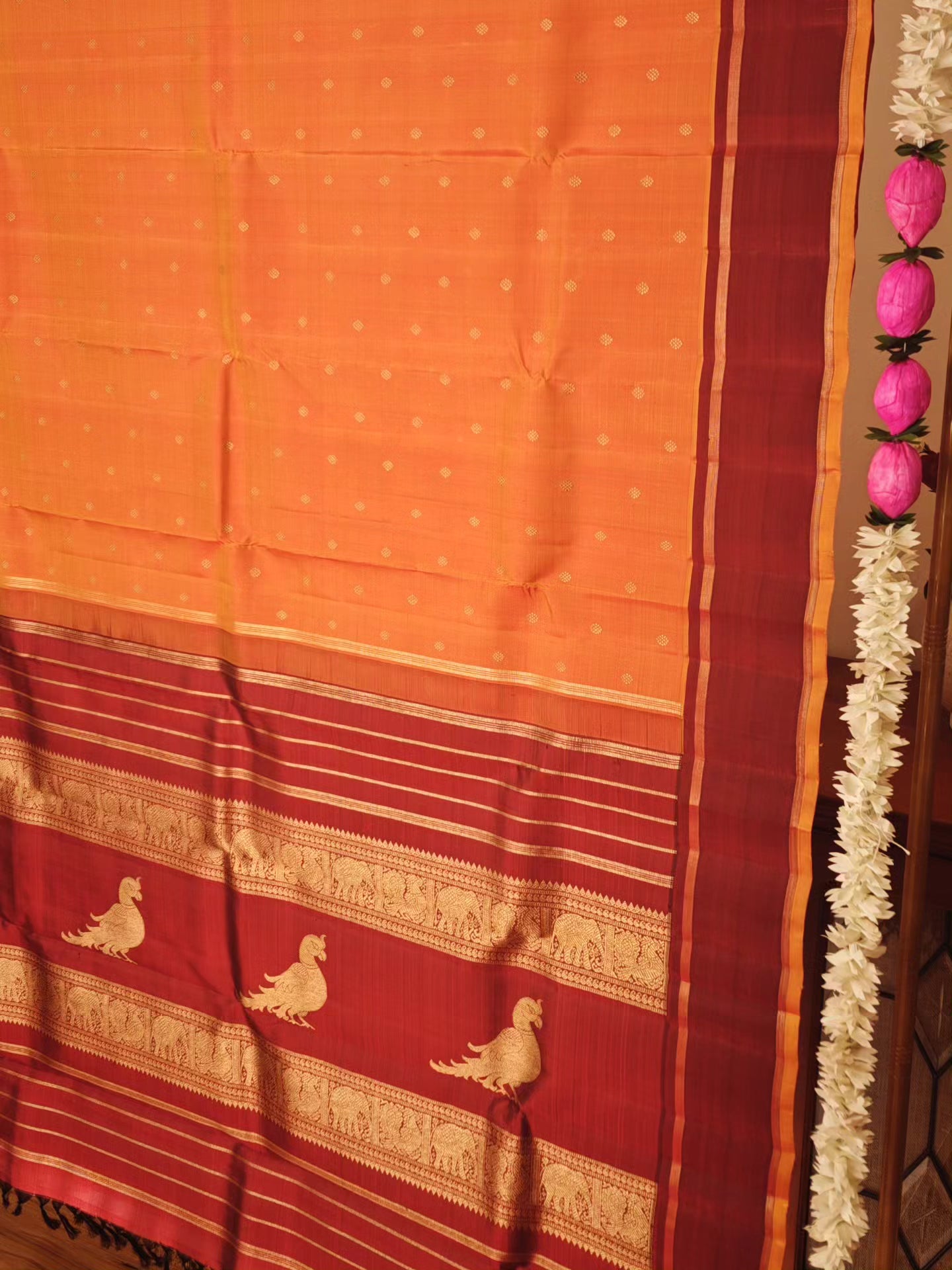 Kesar Orange and Maroon kanjivaram silk saree