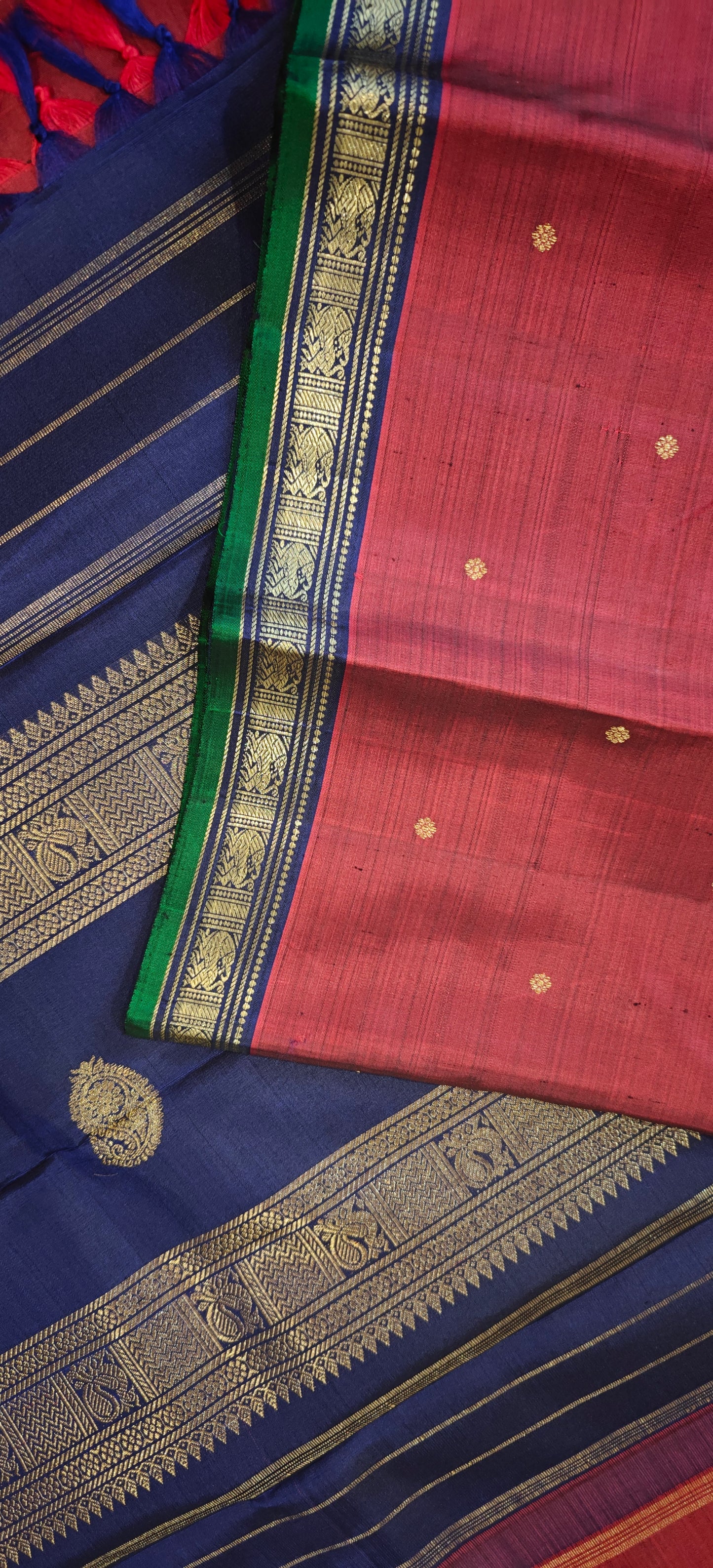 Ruby Maroon and Sapphire Blue Handwoven Kanjivaram Silk Sari