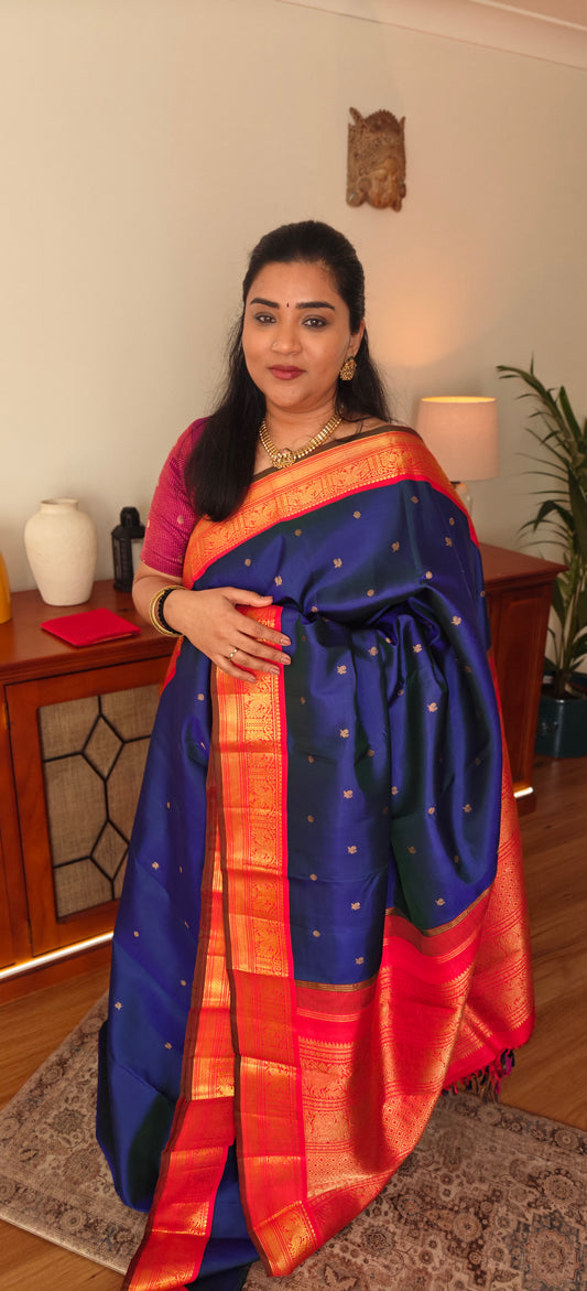 Peacock blue with Red Kanjeevaram silk saree