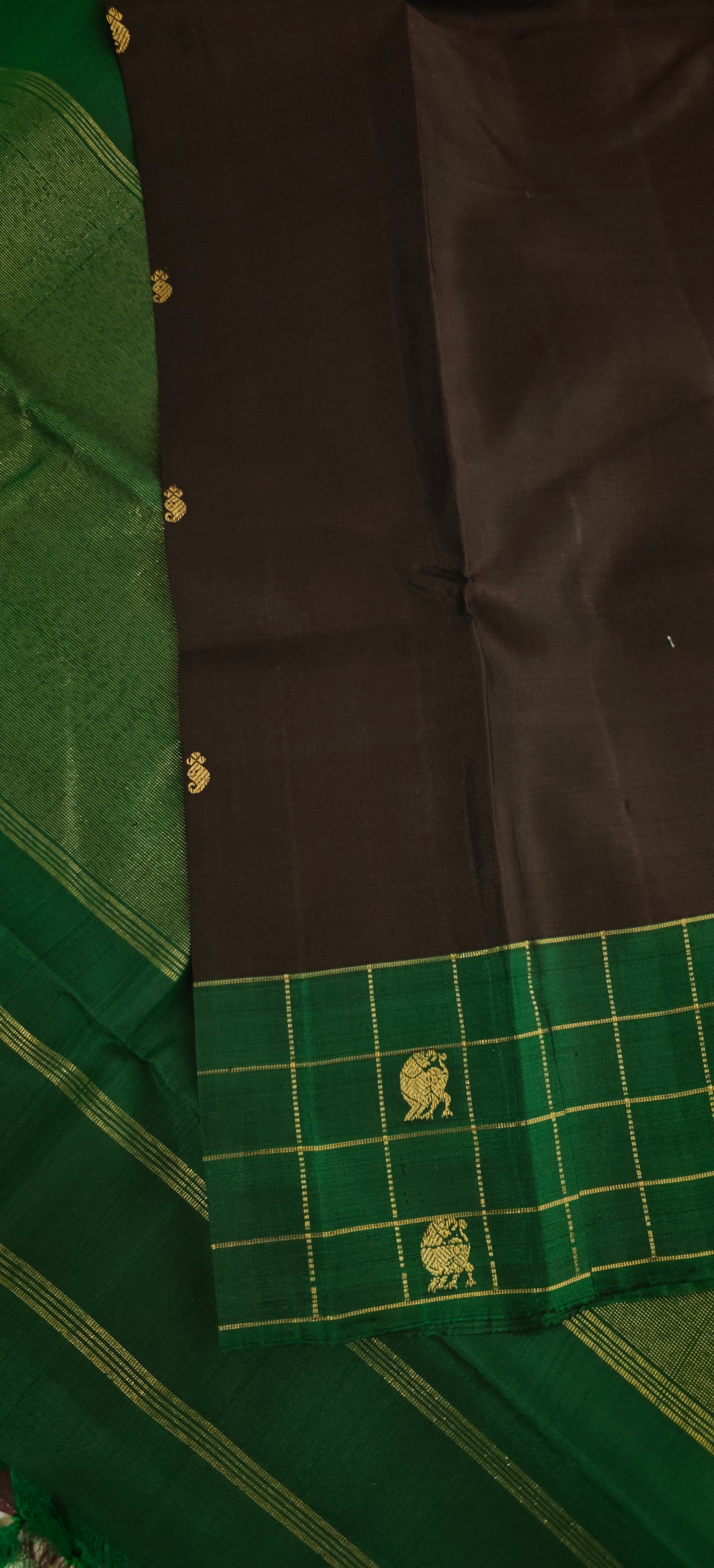 Dark brown(kanchana) and green-Kanjivaram Silk Saree