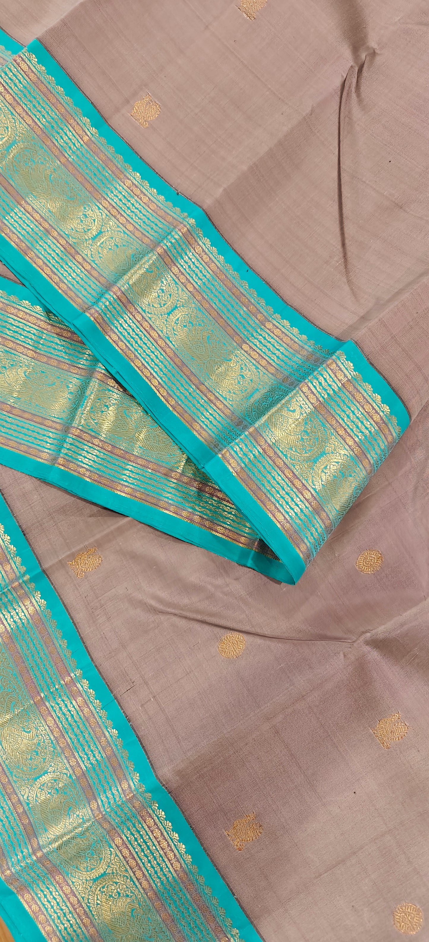 Grey and Turquoise Kanjivaram Silk Sari