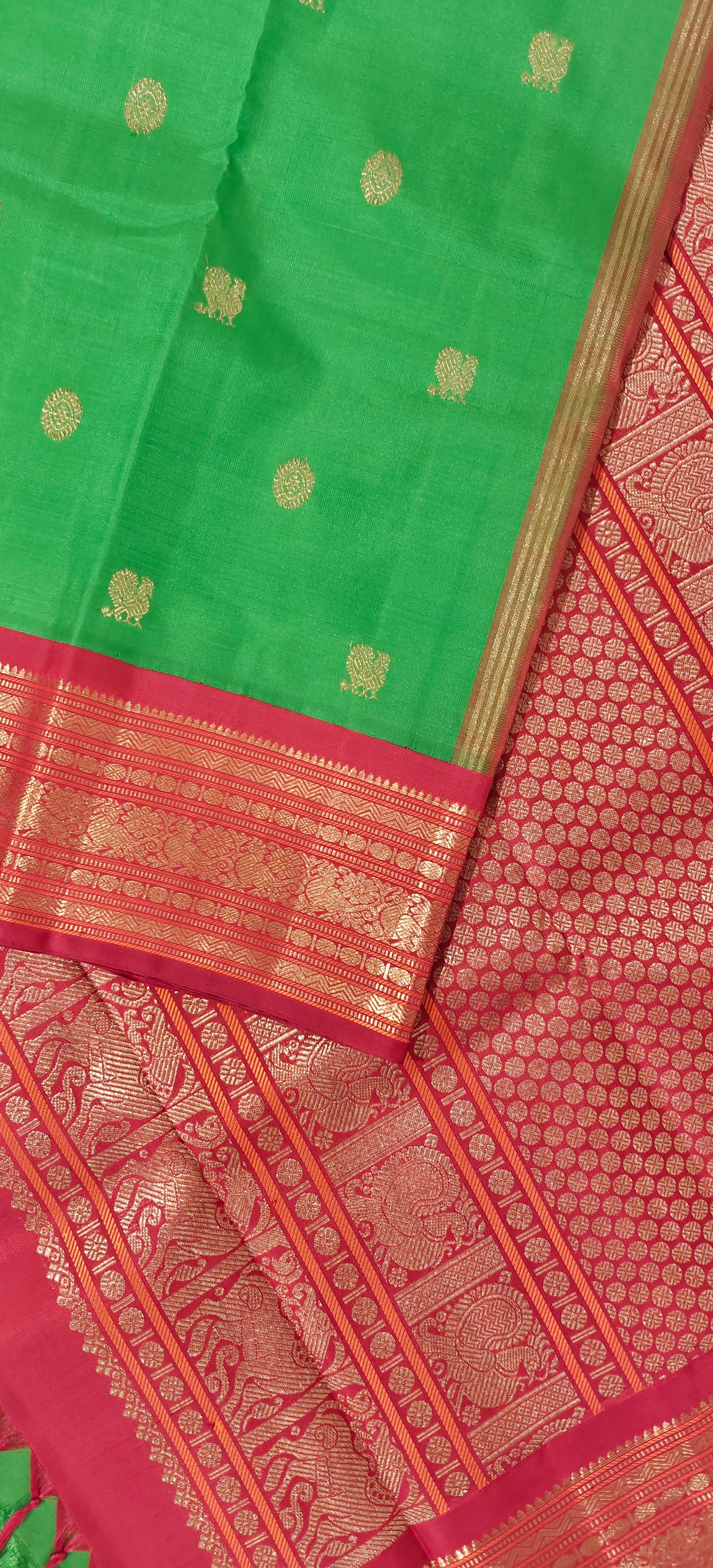 Parrot Green and Red Kanjivaram Saree | 3-gram Zari