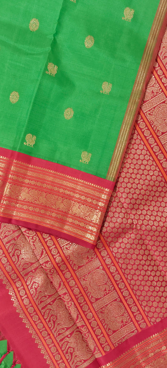 Parrot Green and Red Kanjivaram Saree | 3-gram Zari