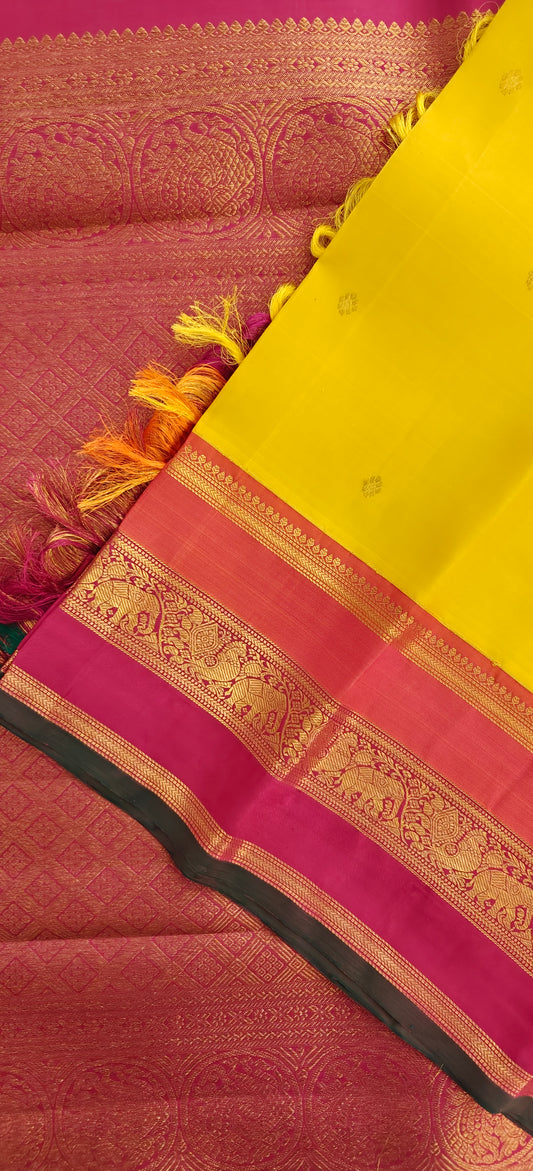Yellow with orange and pink korvai -Kanjivaram Silk Saree
