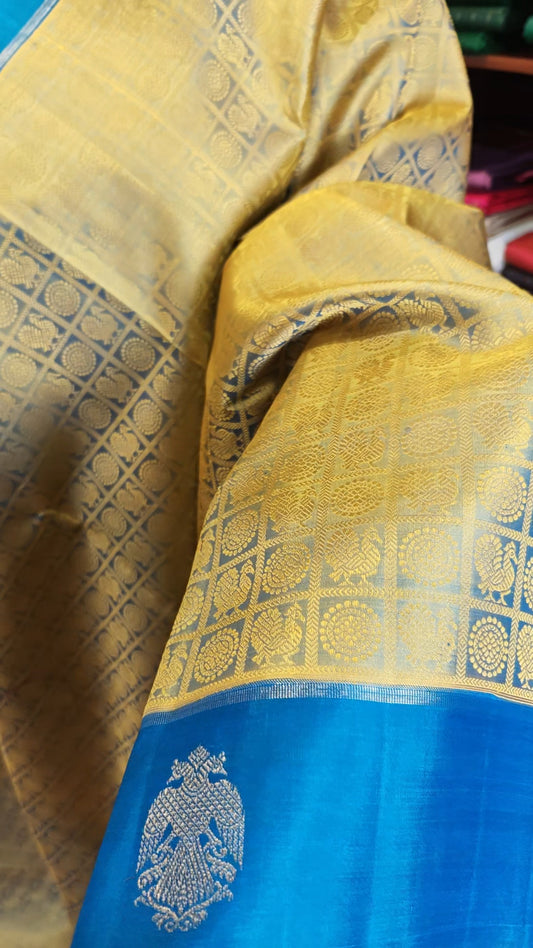 Golden Thread with Cobalt Blue Handwoven Kanjivaram Silk Sari