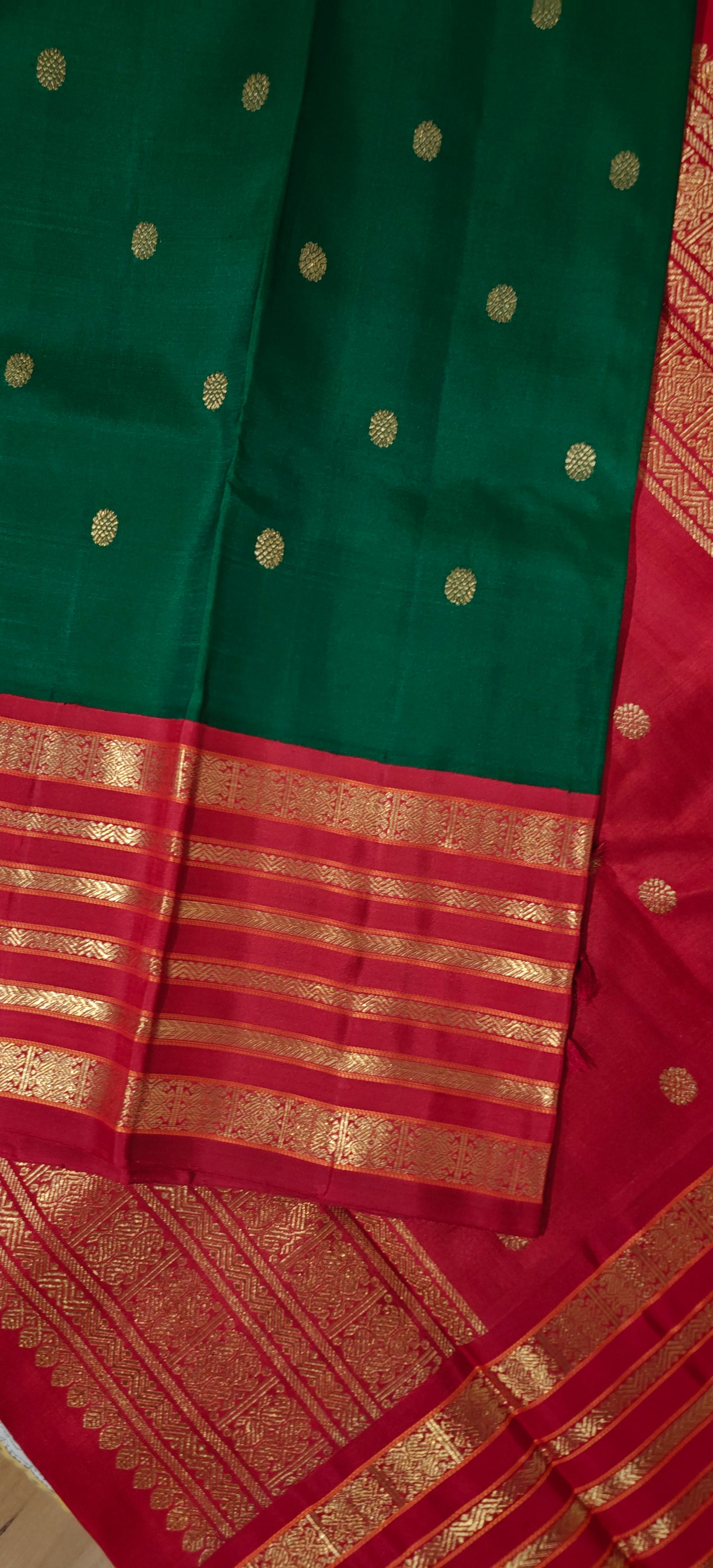 Emerald green and red Kanjivaram silk saree