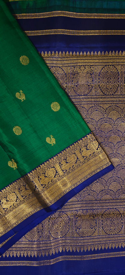 Dark Green And Blue Kanjivaram Saree | 3-gram Zari
