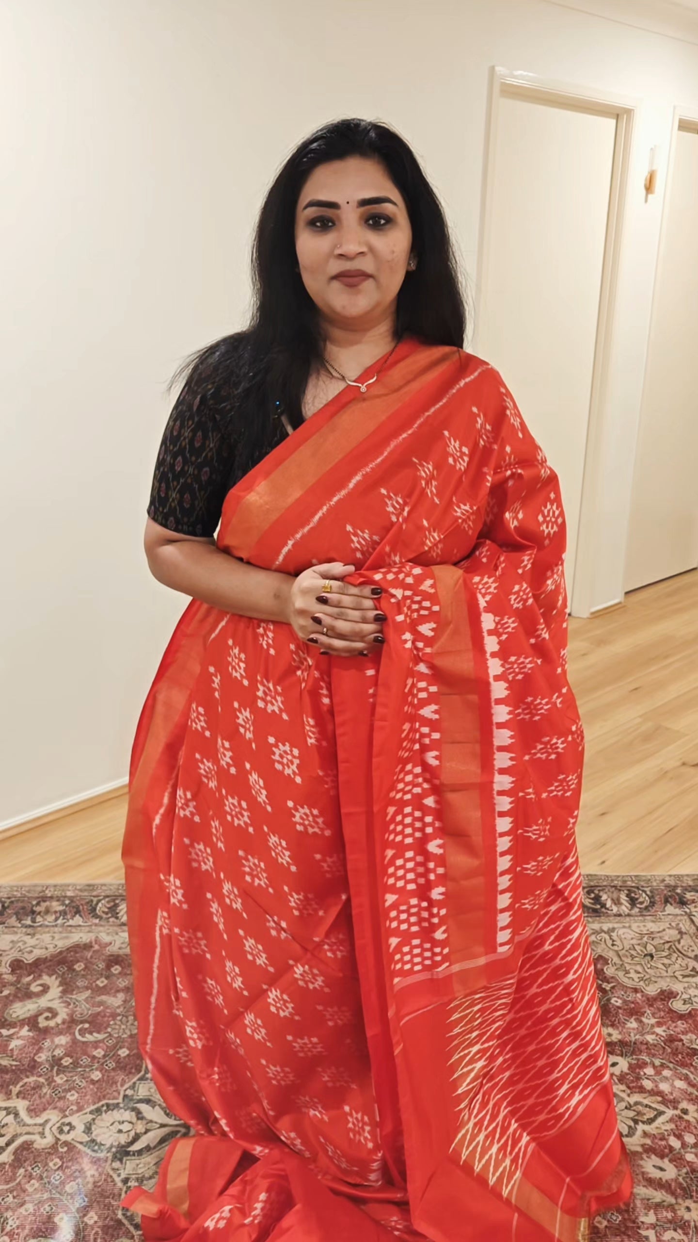 Crimson Red Ikkat Silk Sari