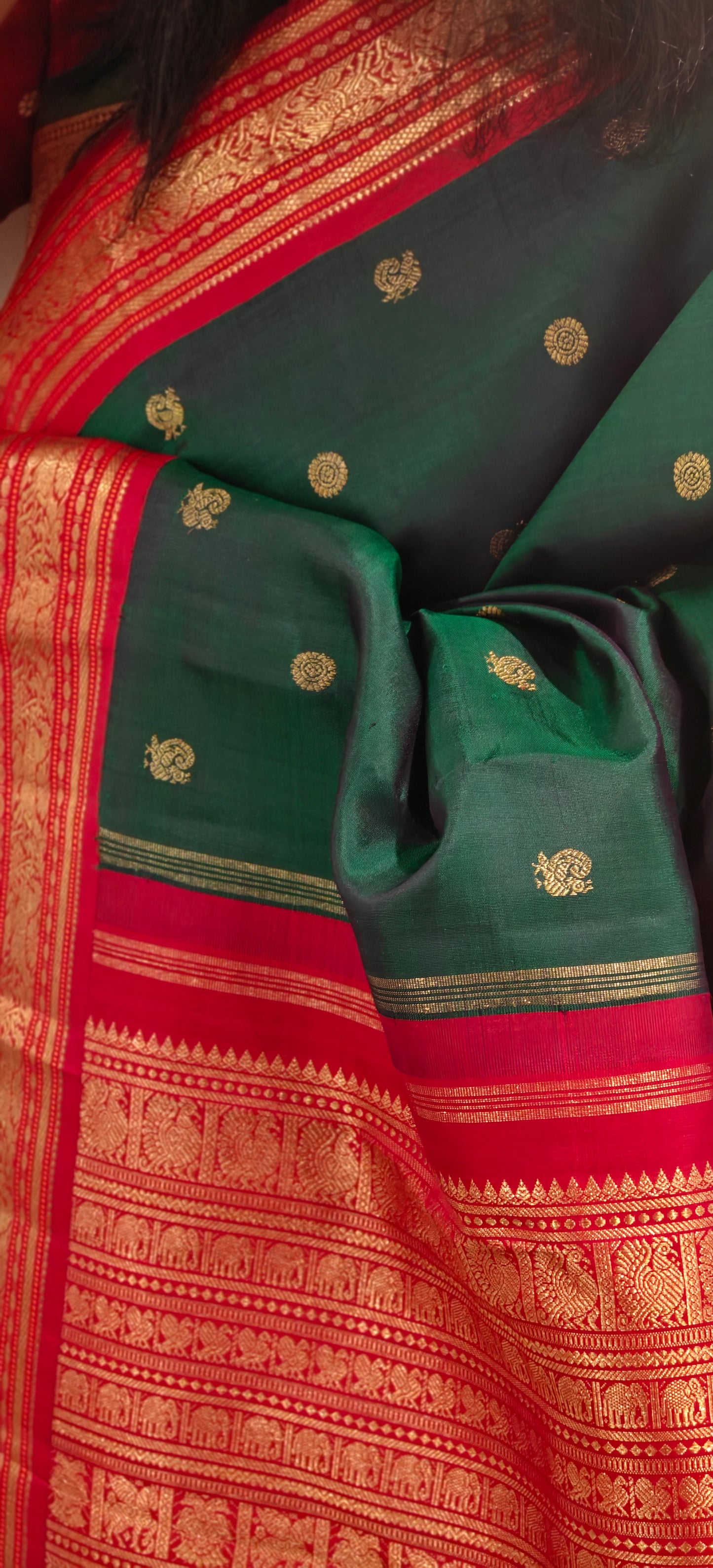Peacock green with Kumkum red kanjivaram silk saree