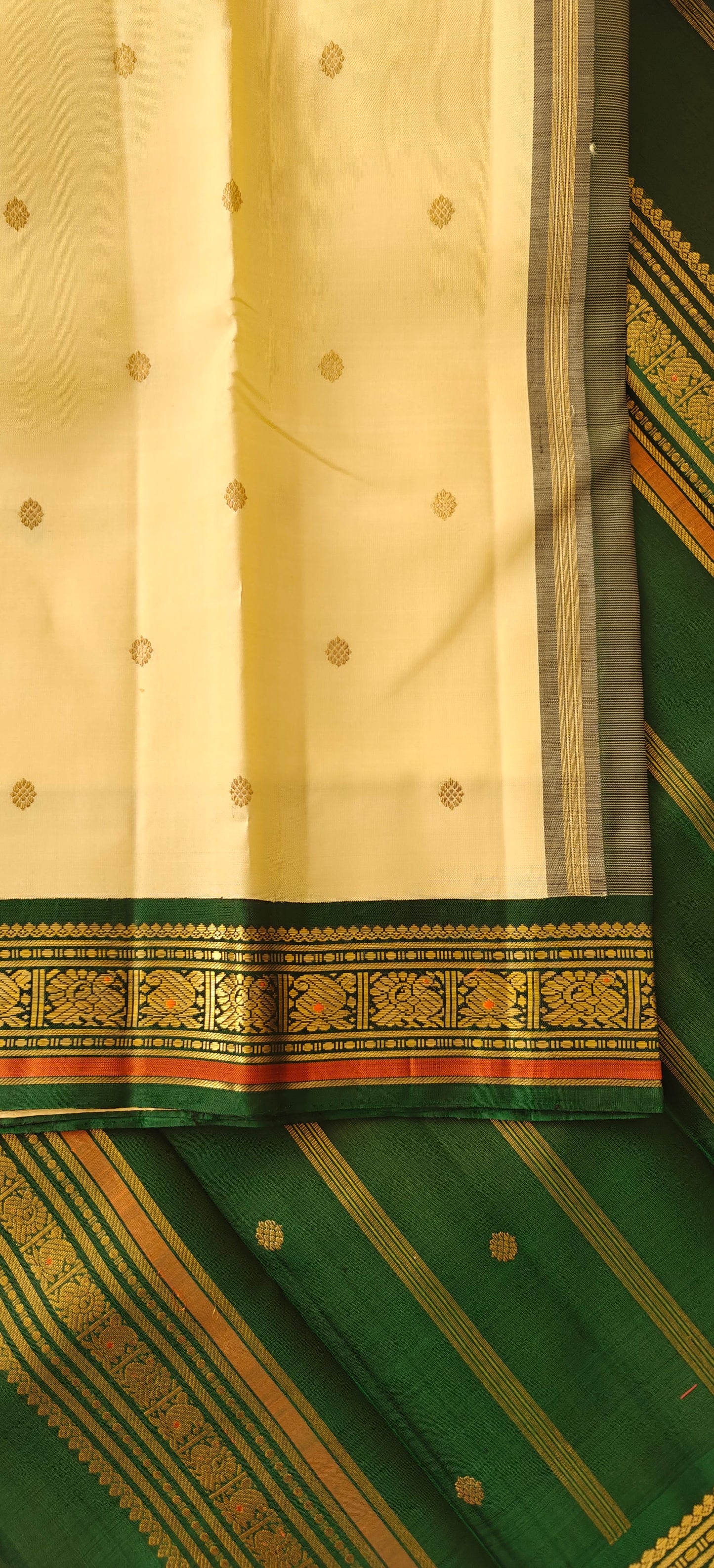 Cream and green kanjivaram silk saree