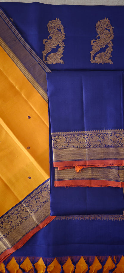 Mustard Yellow and Blue Kanjivaram silk saree