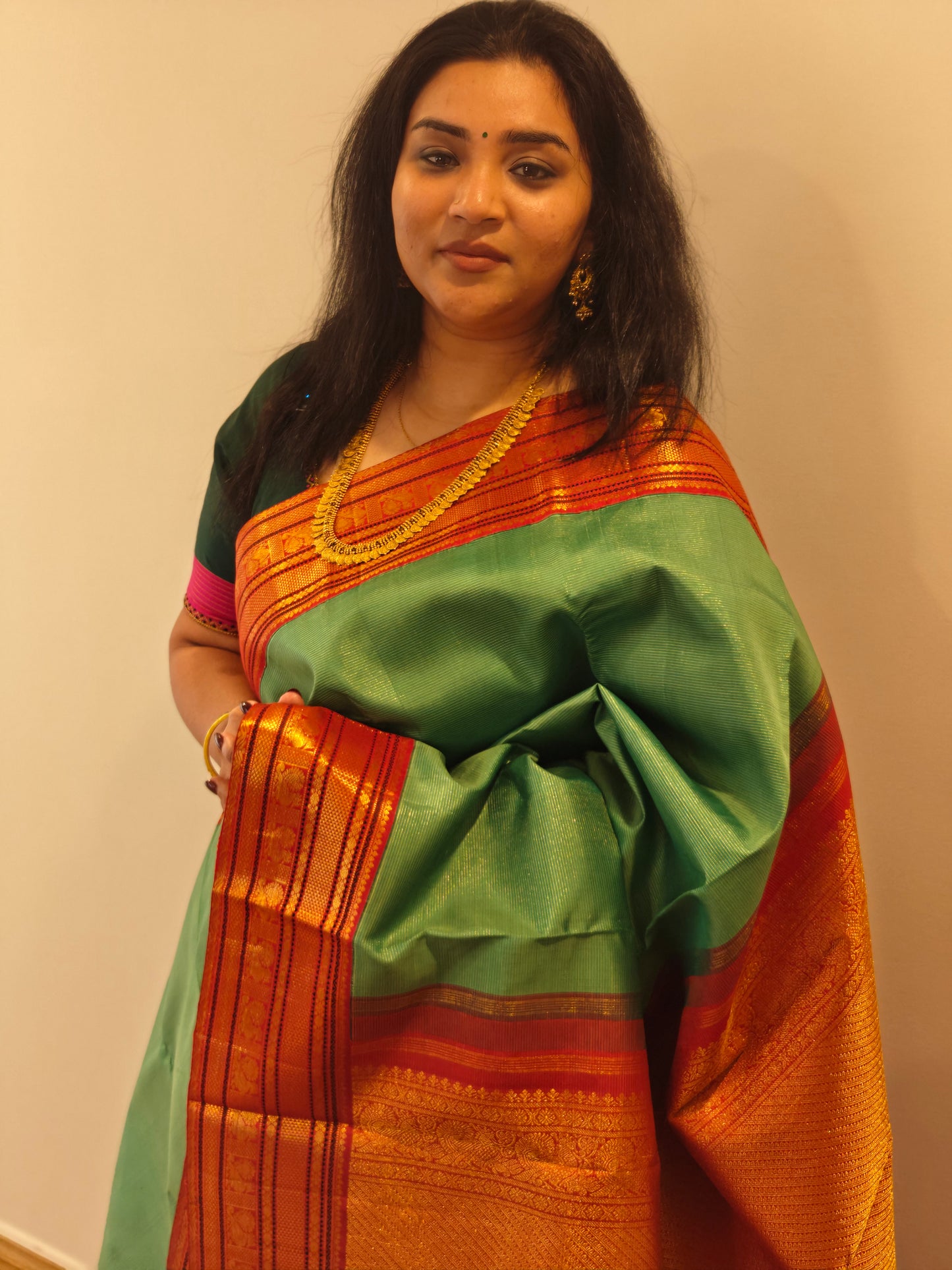 Sea Green and Red Vairaoosi -Handwoven Kanjivaram Sari
