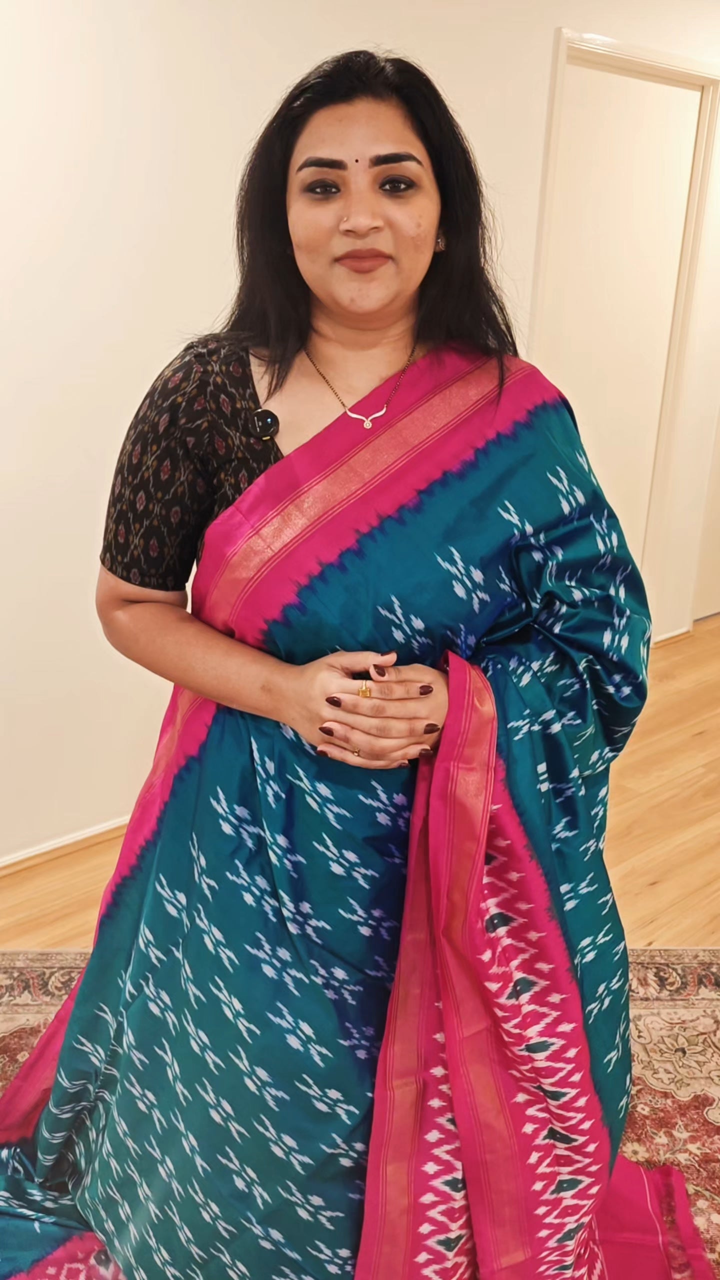 Peacock Blue and Pink Ikkat Silk Sari