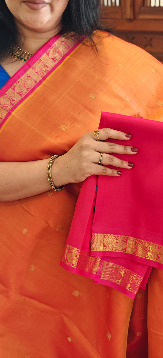 Kesar Orange and Rani Pink Handwoven Kanjivaram Silk Sari