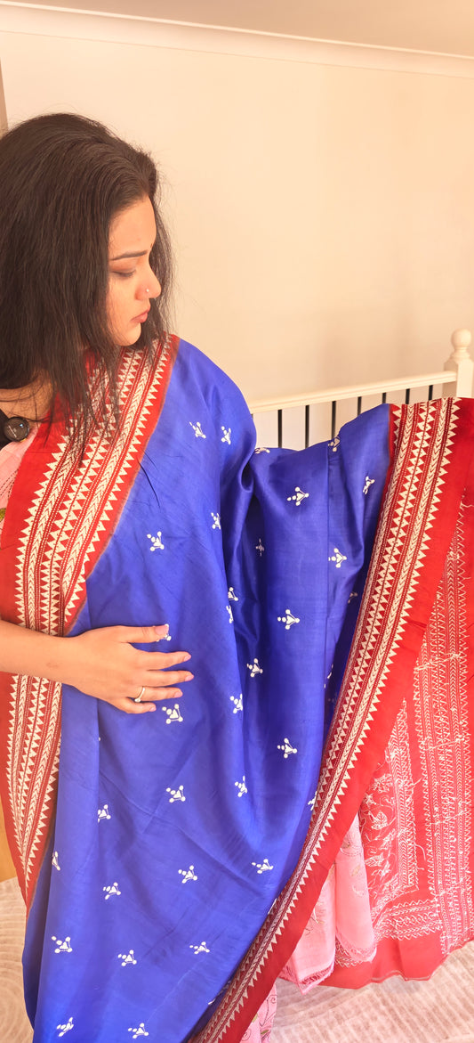 Blue and Rust Kantha Silk Sari