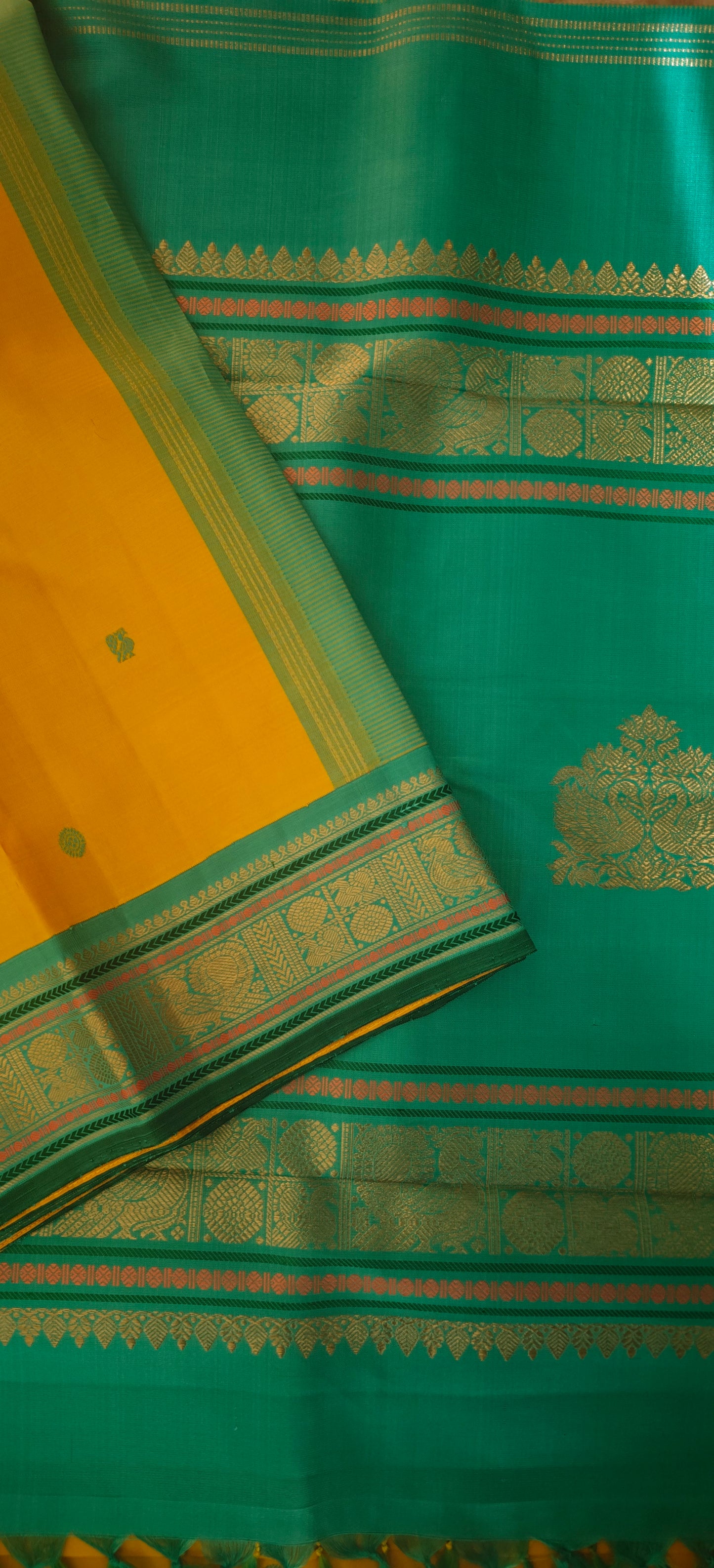 Yellow and Teal blue kanjivaram silk saree