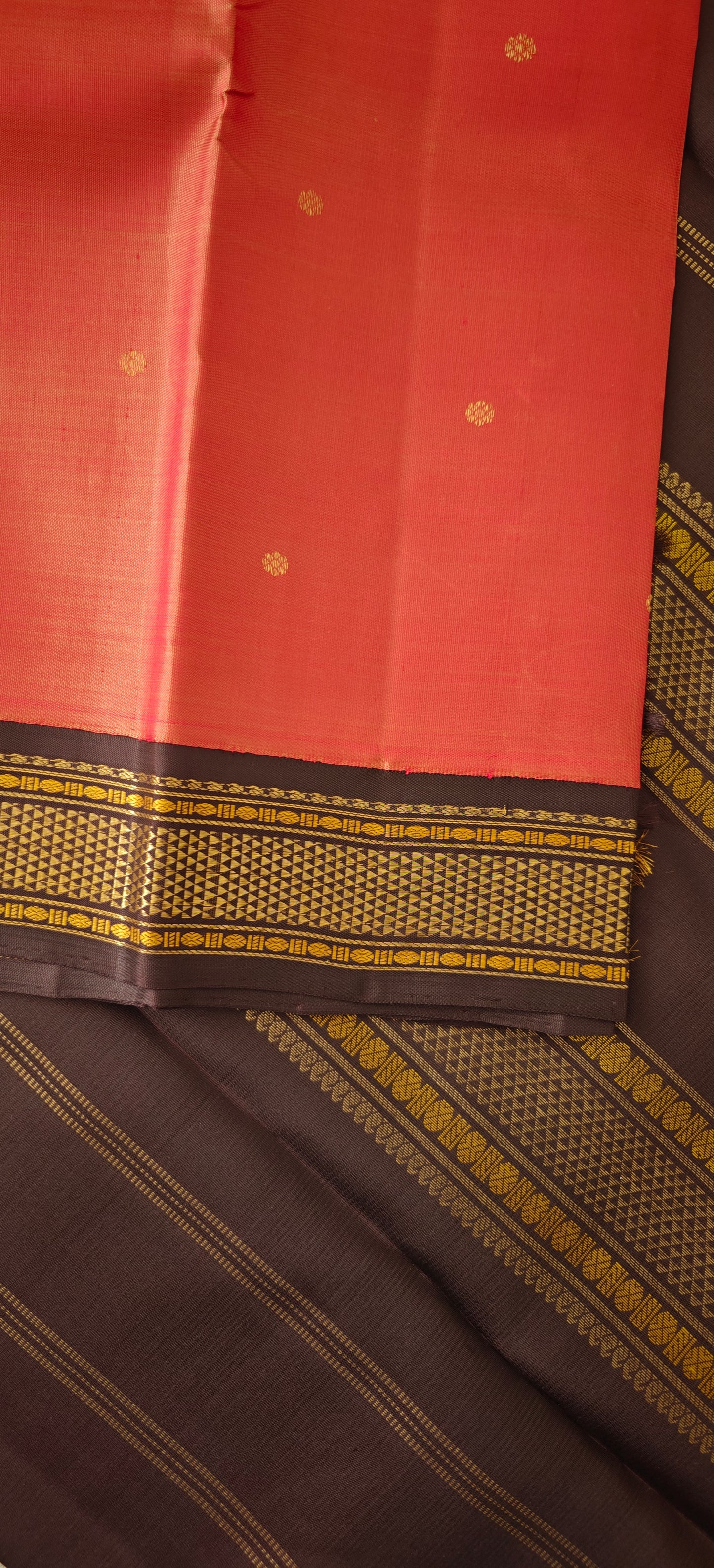 Coral Peach and Dark Brown Kanjivaram Saree | 3-gram Zari