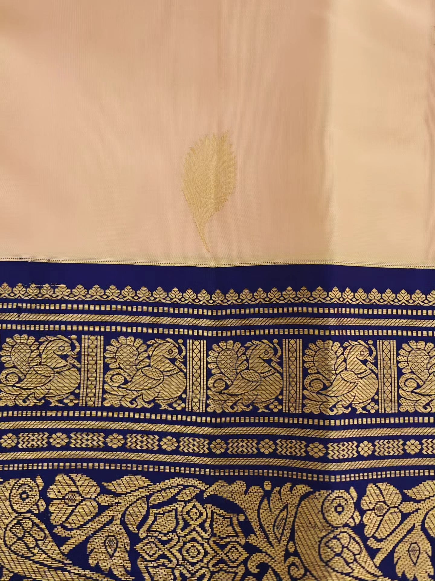 Beige  with pink dual tone and blue border-Kanjivaram Silk Saree