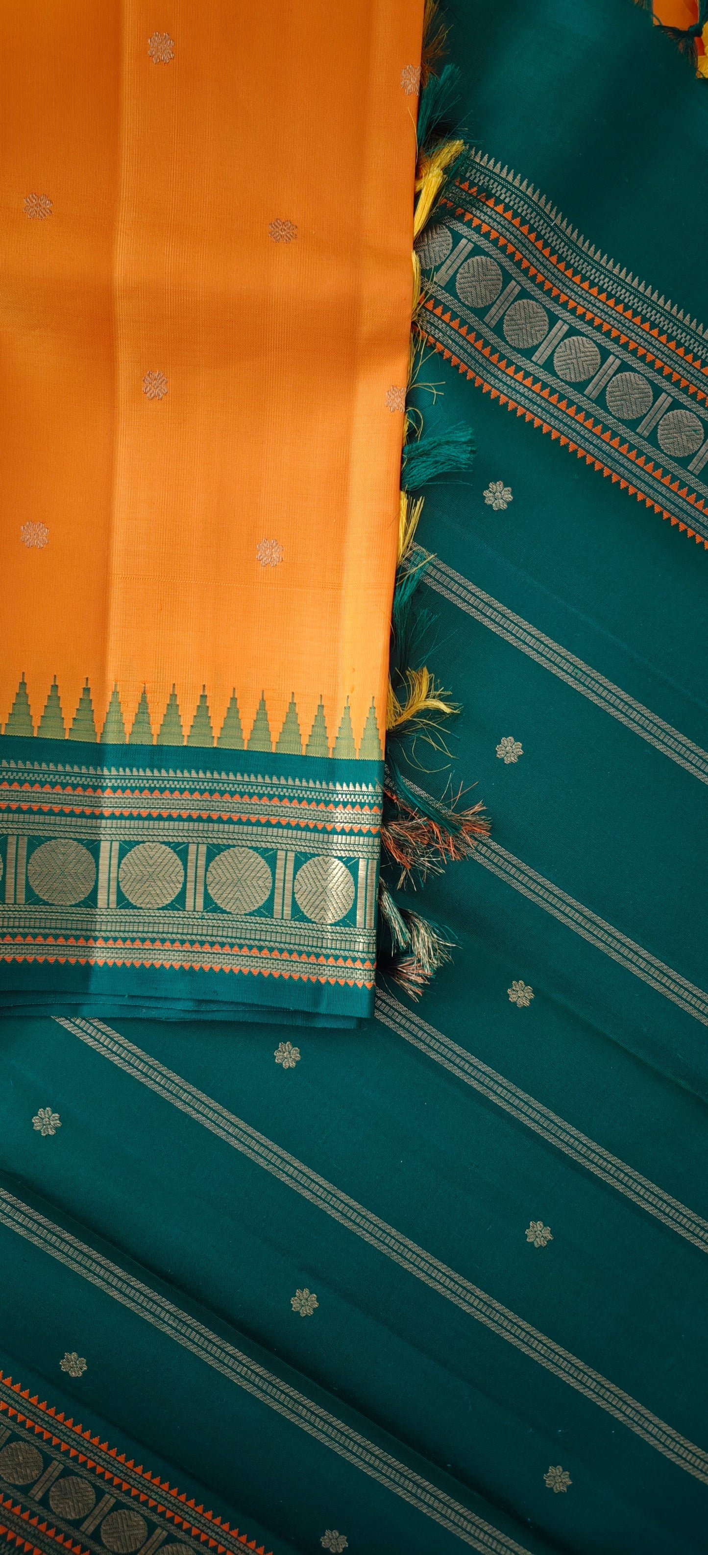 Mango Yellow and Green Kanjivaram Saree | 3-gram Zari
