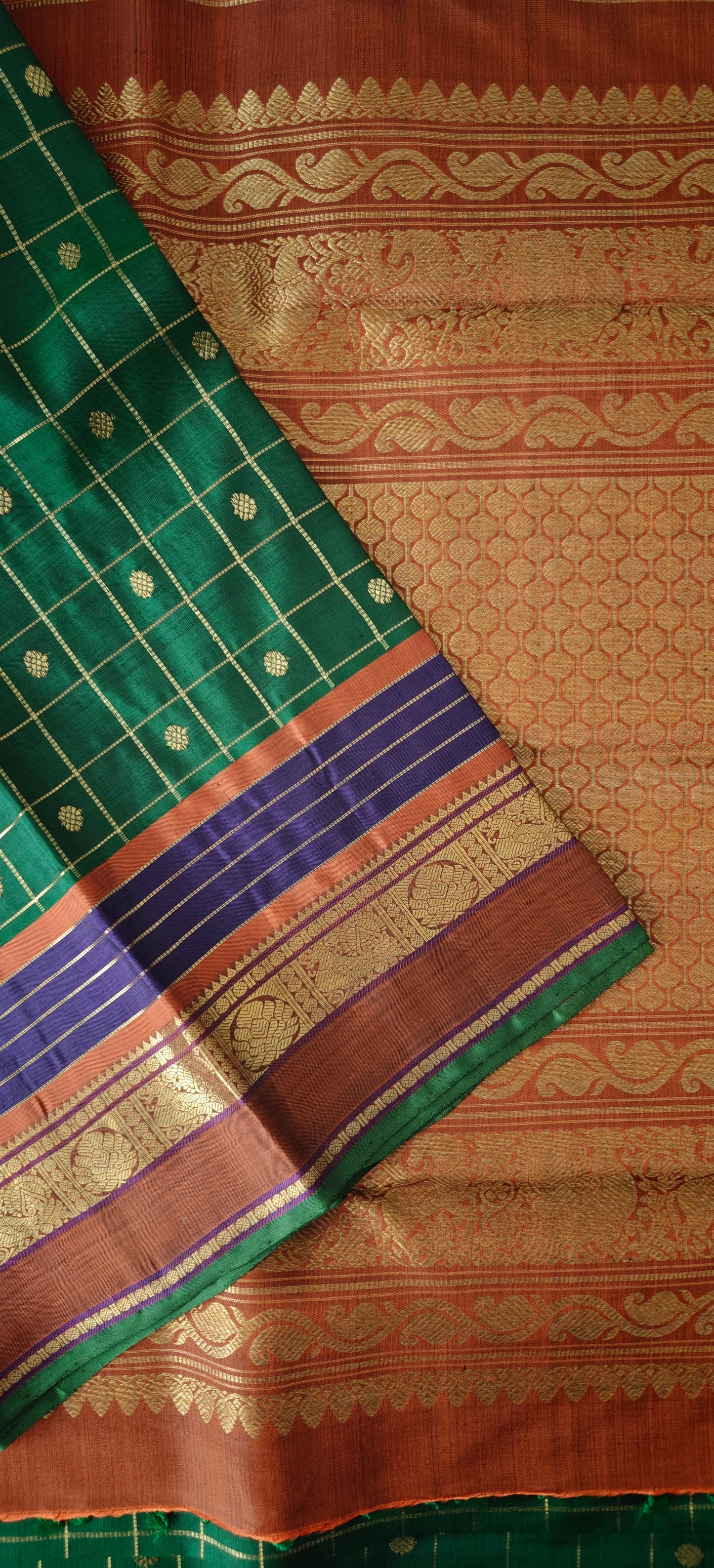Green and Rust  Kanjivaram Saree | 3-gram Zari