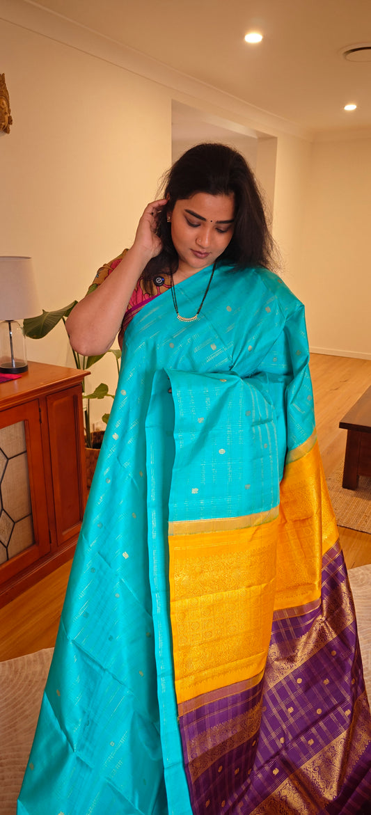 Turquoise blue double pallu kanjivaram silk sari