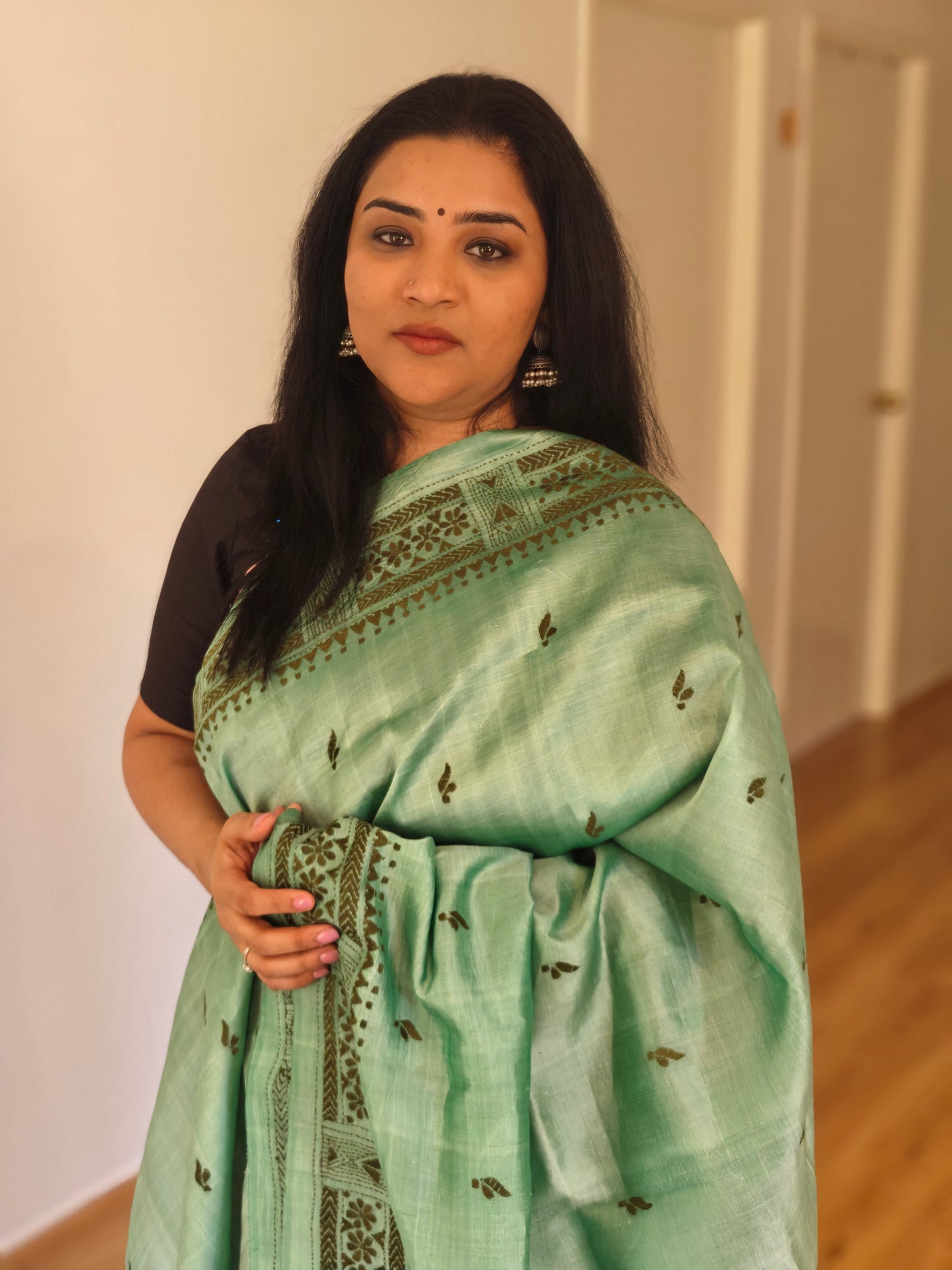 Pastel Blue Kantha Silk Sari