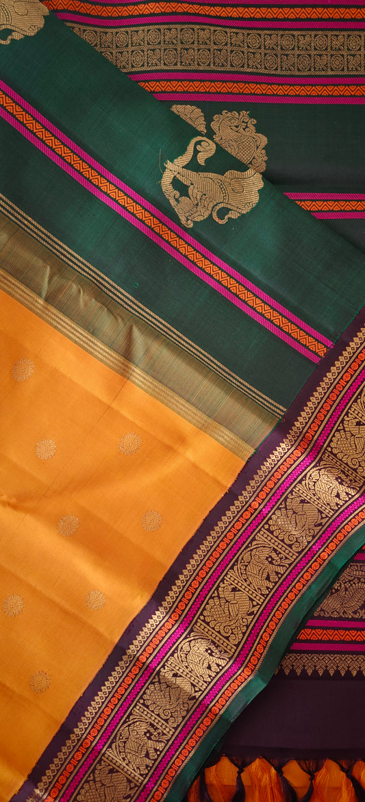 Mustard ,Green and Brown double  pallu Kanjivaram silk saree