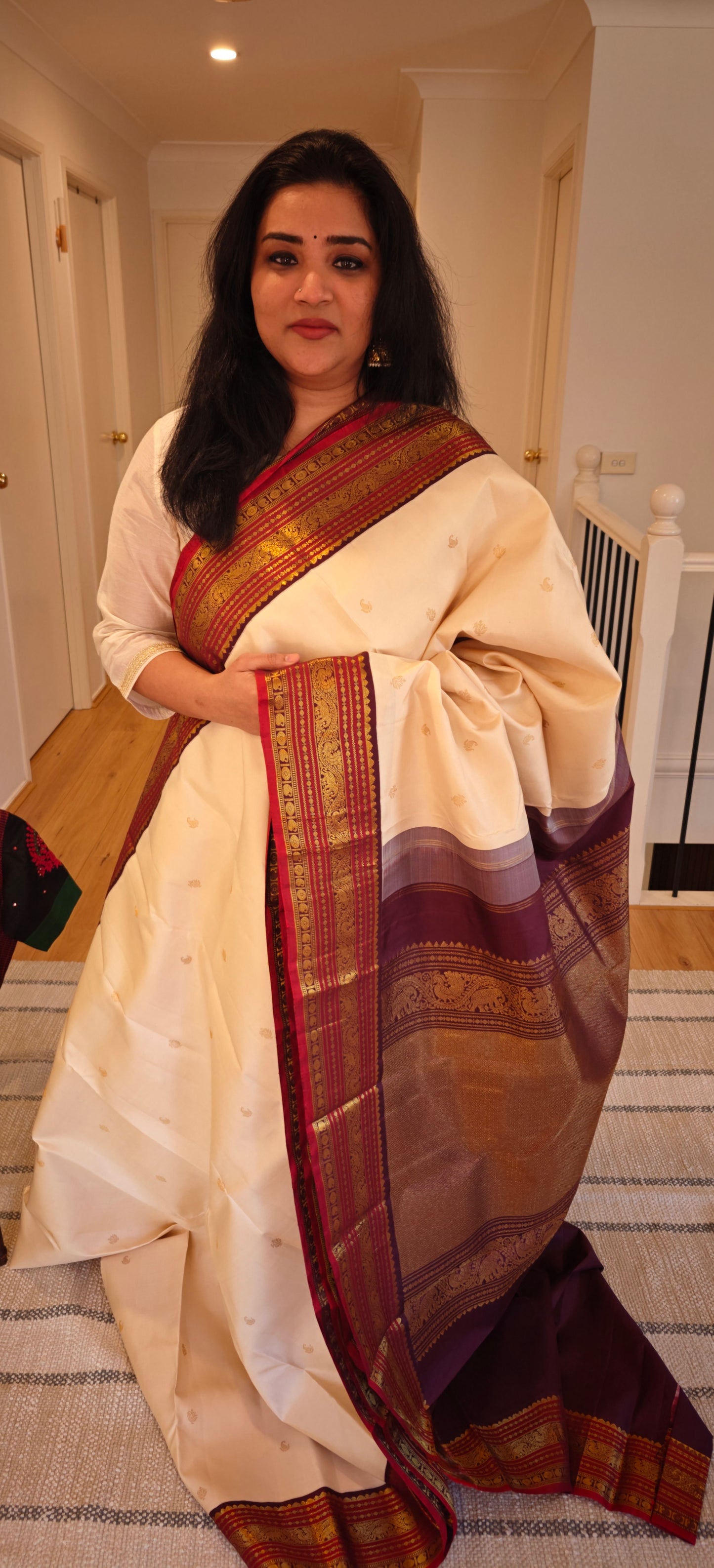 Cream and Brown korvai -Kanjivaram Silk Saree