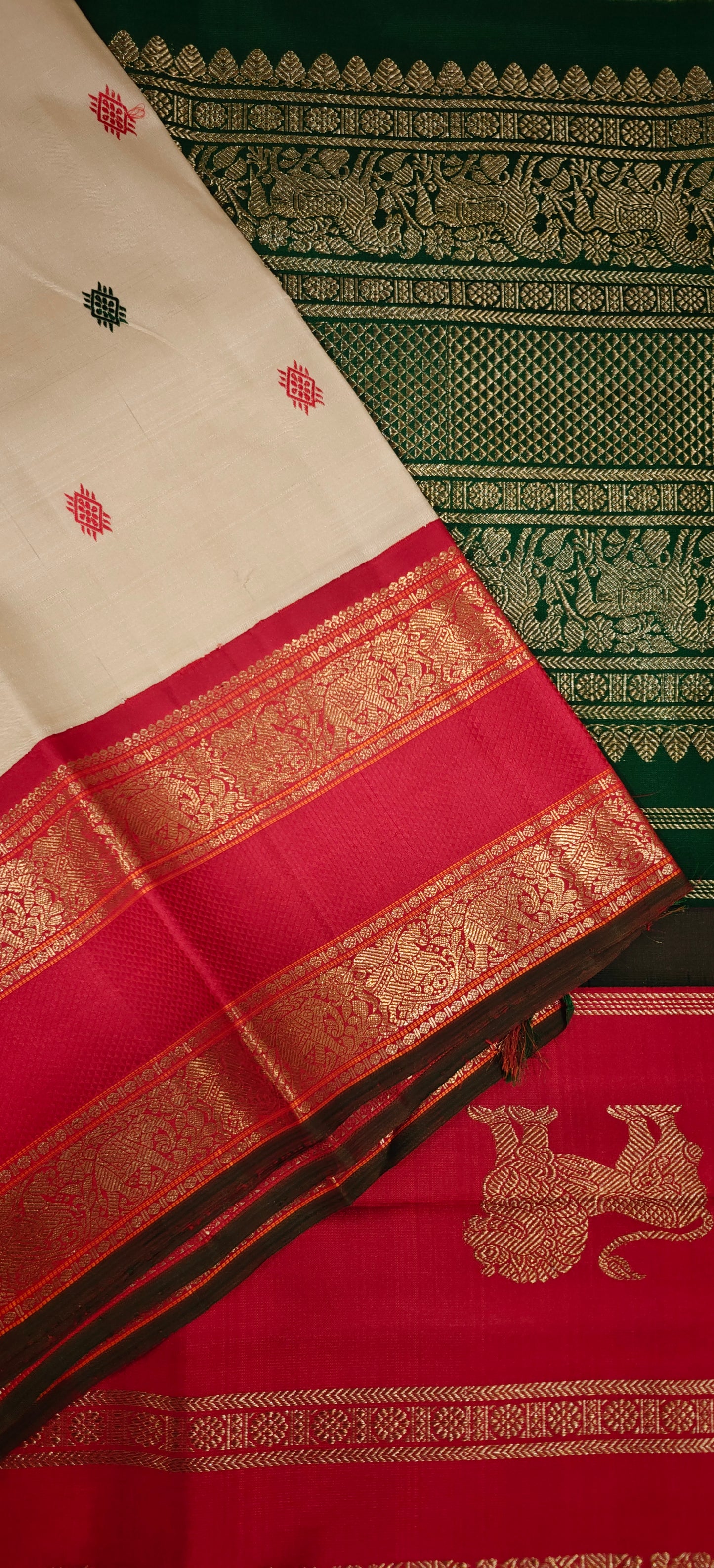 Cream with green and red kanjivaram silk saree