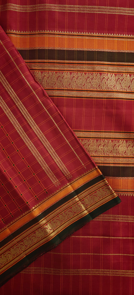 Dark Red with Orange and Green pallu - Kanjivaram silk saree