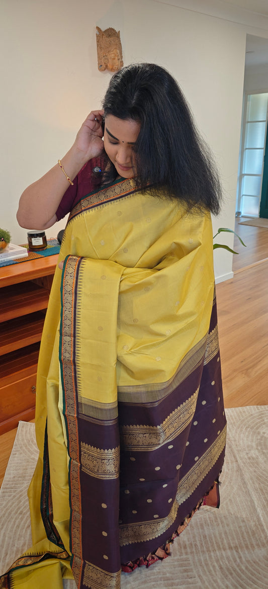 Sampangi and Brown kanjivaram silk sari