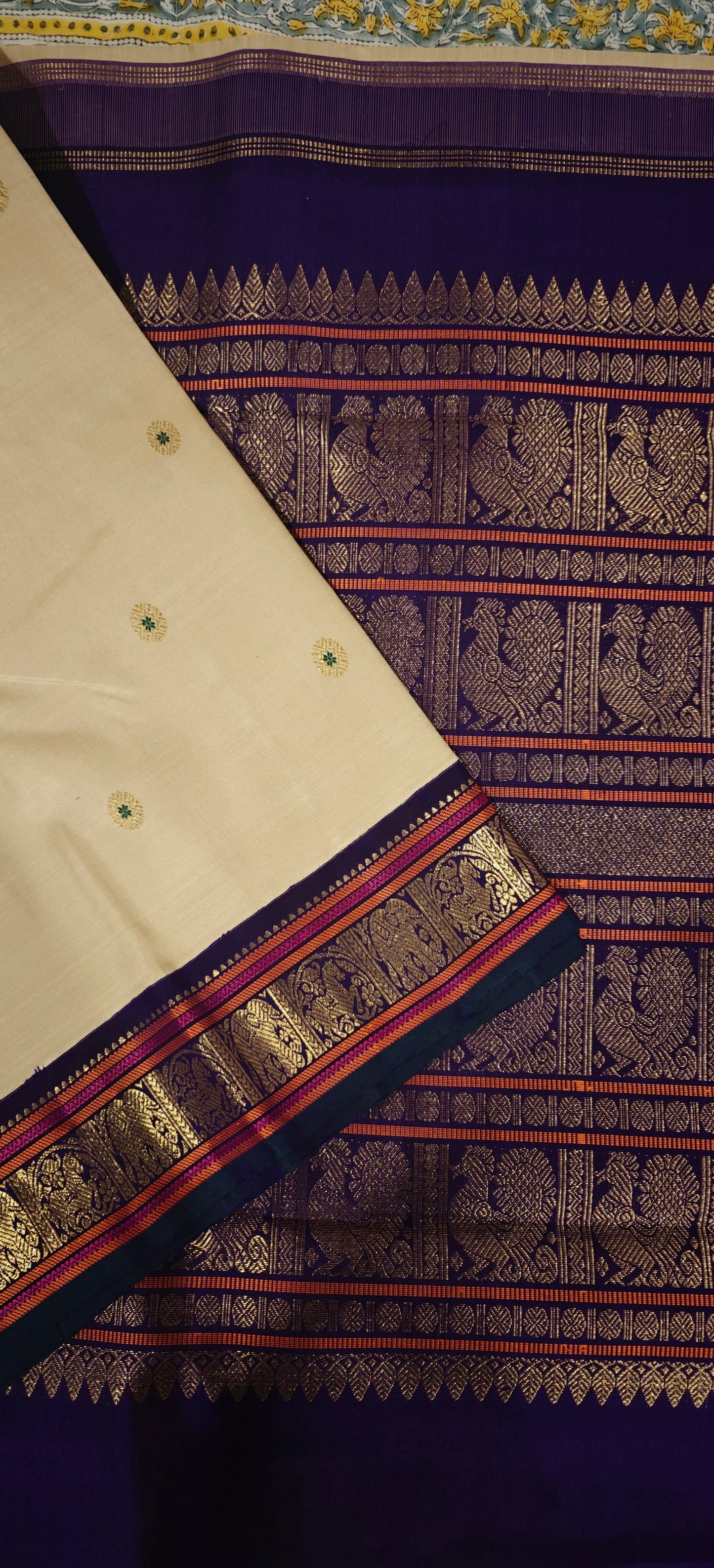 Cream and Violet kanjivaram silk saree