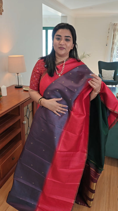 Grey with purple undertone and Red Mubbagam kanjivaram