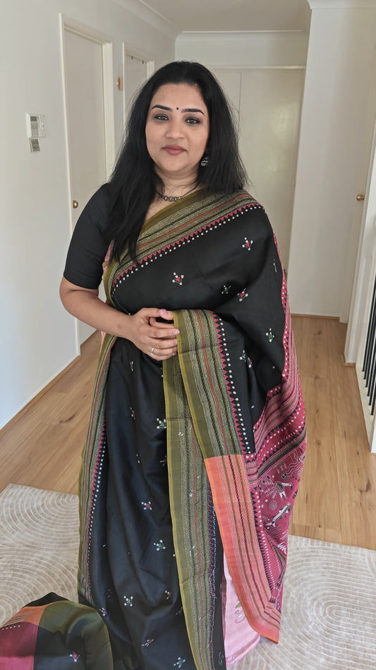 Black and Maroon Kantha Silk Sari